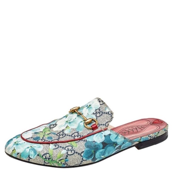 GUCCI Supreme Monogram Blooms Princetown Slippers 40 Beige Blue Navy Hibiscus - Picture 1 of 16